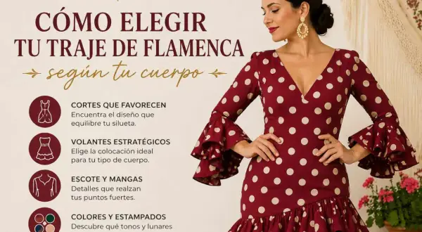 Guía para elegir los tipos de vestidos de flamenca perfectos según tu cuerpo, con consejos sobre cortes, volantes, escote, mangas y estampados.