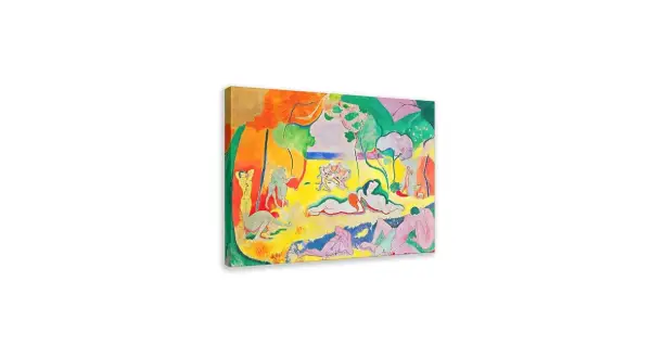 Obraz "Radość życia" Henri Matisse'a ukazuje barwną, idylliczną scenę z nagimi postaciami w otoczeniu natury.