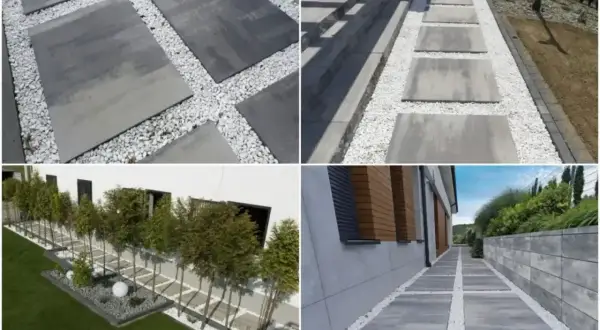 Nowoczesne ścieżki z płyt betonowych i białego żwiru tworzą najtańszą opaskę wokół domu, nadając mu elegancki wygląd.