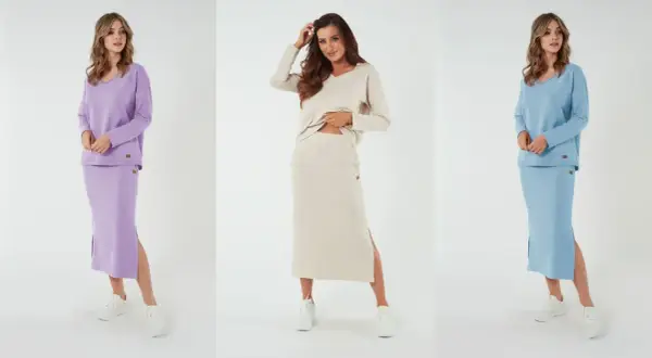 Trzy kobiety prezentują, jak nosić długie spódnice w pastelowych kolorach: liliowym, beżowym i błękitnym. Stylowe zestawy z bluzami i sneakersami.