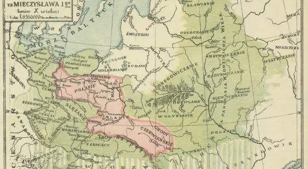 Mapa z X wieku: Polska i Słowianie za Mieszka I. Widać tu ziemie Polan, Mazowszan, Ślężan, Czechów, Morawian, Słowaków, Węgrów, a także inne plemiona.