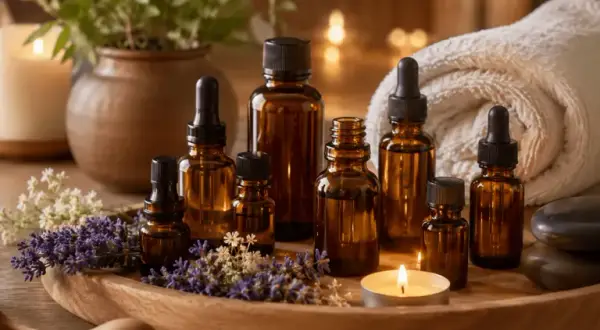 Aromatherapie wirkung liste: Braune Flaschen mit ätherischen Ölen, Lavendel, Kerzen und Handtuch für Entspannung.