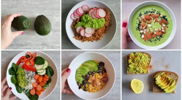 Inspiracje na śniadanie z awokado: pasta, zupa, sałatka, jajecznica i tosty.