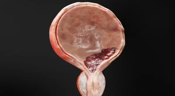 Darstellung einer Blase mit einem dunklen, unregelmäßigen Tumor, der auf muskelinvasiven Blasenkrebs hindeutet.