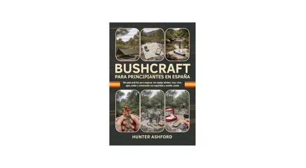 Guía de buscraft para principiantes en España. Muestra equipo esencial: tarp, mapa, brújula, cantimplora, kit de nudos y botiquín.
