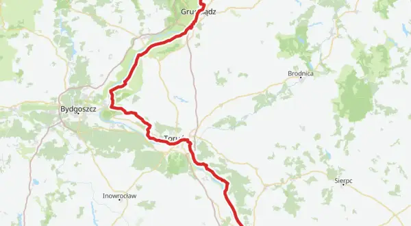 Mapa z zaznaczoną na czerwono wiślaną trasą rowerową, biegnącą od Grudziądza przez Toruń i Włocławek aż do Płocka.