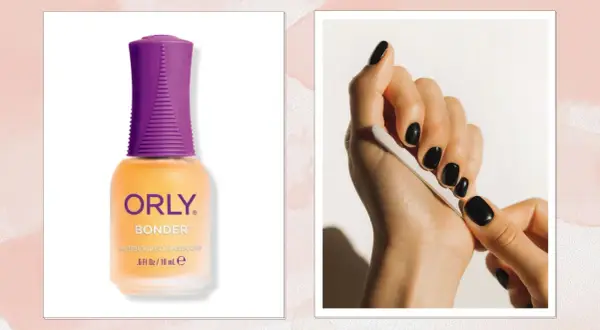 ORLY Bonder – co to? Baza pod lakier, która zapewnia trwałość manicure. Dłoń z czarnymi paznokciami piłowana pilniczkiem.
