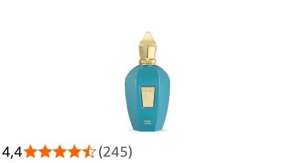 Elegancka, turkusowa butelka perfum Xerjoff Erba Pura ze złotym korkiem i ozdobnym logo.