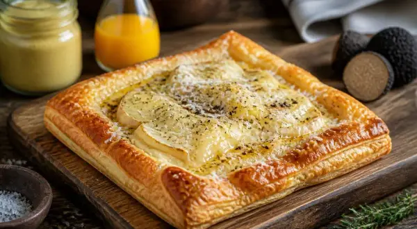 Tarte feuilletée au fromage fondant et arôme de truffe, accompagnée de jus d'orange et de truffes noires fraîches.
