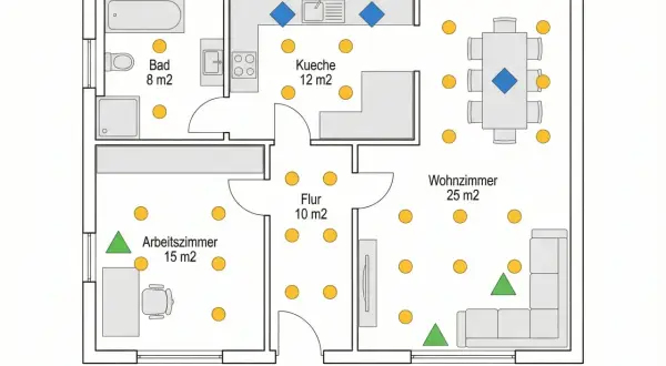 Grundriss mit Lichtplanung für einen Neubau: Einbaustrahler, Pendelleuchten und Stimmungslicht sind für Bad, Küche, Flur, Arbeits- und Wohnzimmer markiert.