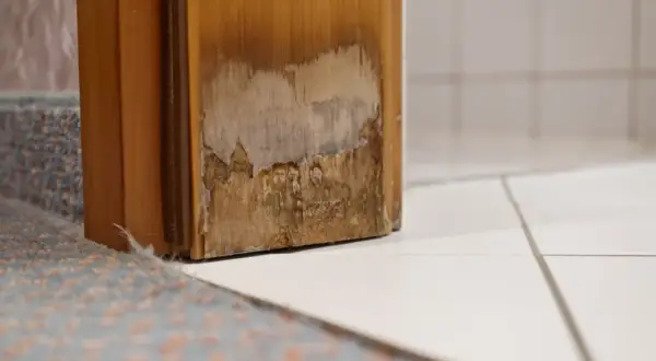 Marco de puerta de madera dañado, con moho y descascarado. Se necesita una solución para quitar moho madera vinagre.