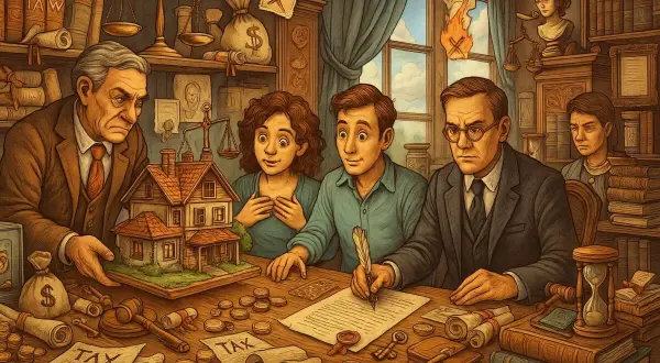 Un notaio illustra ai figli il modello di una casa, mentre uno di loro firma un documento. Si discute di donazione casa ai figli con usufrutto, tra libri di legge e monete.