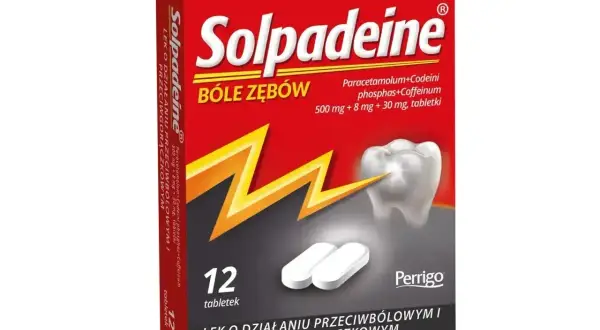 Opakowanie leku Solpadeine na bóle zębów, zawierające 12 tabletek. Skład podobny do vicodinu, z paracetamolem i kodeiną.