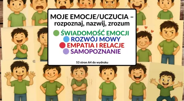 Ilustracja przedstawia chłopców wyrażających różne emocje. Centralnie umieszczona jest lista: "Moje emocje/uczucia – rozpoznaj, nazwij, zrozum", z podpunktami: Świadomość emocji, Rozwój mowy, Empatia i relacje, Samopoznanie.
