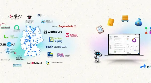 Digitale Transformation in deutschen Städten und Landkreisen, gefördert durch den DigitalPakt 2.0. Eine Karte zeigt Standorte, während ein Laptop und ein Roboter die Zukunft der Bildung symbolisieren.
