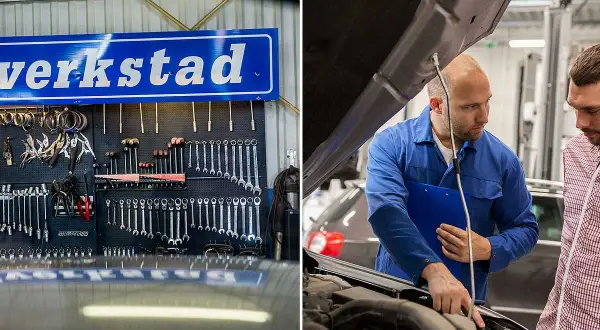 Verkstad med verktyg på väggen och mekaniker som visar en kund bilens motor. Stora service möjligheter.