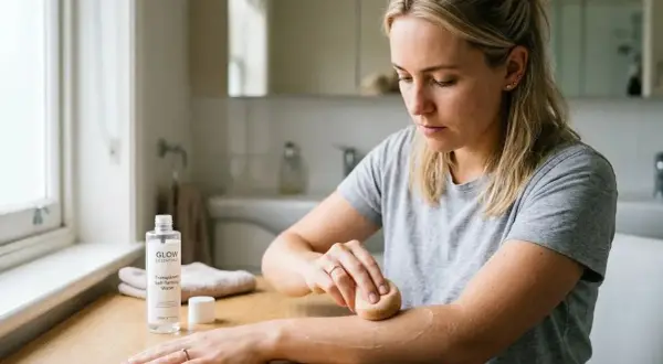 Frau trägt Selbstbräuner auf, um ihre Haut braun ohne Sonne zu färben. Ein Produkt von Glow Essentials steht daneben.
