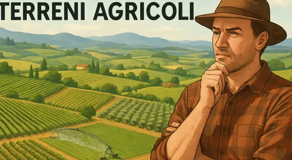 Un contadino pensa: quanto vale una pertica di terreno agricolo? Campi verdi irrigati, colline e un casolare sullo sfondo.