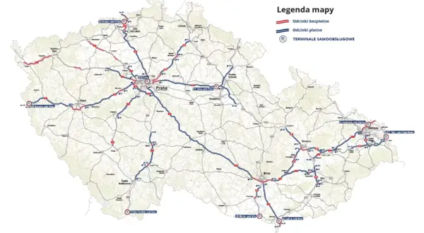 Mapa Czech z zaznaczonymi drogami płatnymi (niebieskie) i bezpłatnymi (czerwone).