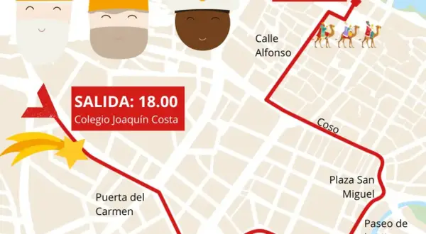 Mapa de la cabalgata Zaragoza. Reyes Magos en camellos por el Coso, salida 18:00 del Colegio Joaquín Costa.