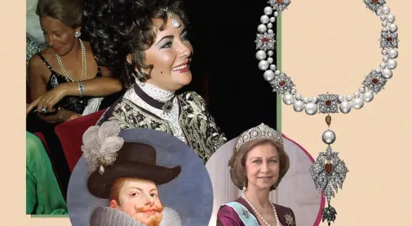 Elizabeth Taylor y la Reina Sofía lucen joyas, incluyendo la perla peregrina, junto a un retrato de Felipe IV.
