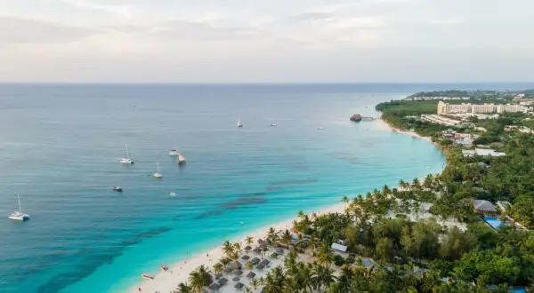 Rajska plaża na Zanzibarze z turkusową wodą, palmami i łodziami. Sprawdź aktualne zanzibar ceny, by zaplanować wymarzone wakacje.