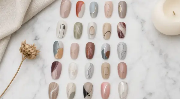 Collection de modèles de dessin ongles gel aux motifs abstraits et lignes fines, sur fond marbre.