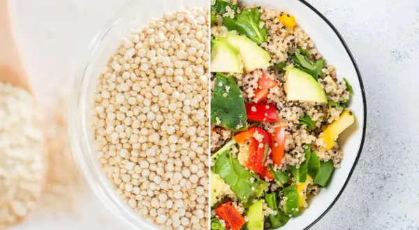 Quinoa: de donde viene la quinoa, un grano ancestral, se muestra en un tazón y en una ensalada colorida con aguacate y pimientos.