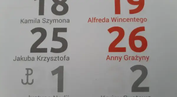 Fragment kalendarza z imieninami i datami: 18, 19, 25, 26, 1, 2.