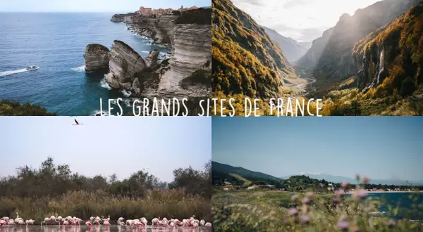 Quatre scènes magnifiques : falaises corses, vallée alpine, flamants roses, et paysage côtier. Ces images illustrent les plus beaux endroits de France.