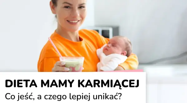 Uśmiechnięta mama w pomarańczowej bluzie trzyma dziecko i koktajl.
