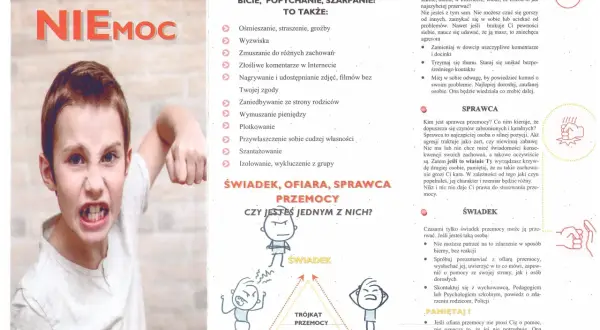 Chłopiec z wściekłą miną i zaciśniętą pięścią symbolizuje przemoc. Plakat informuje, że przemoc domowa to nie tylko bicie, ale też wyzwiska, groźby i szantaż.