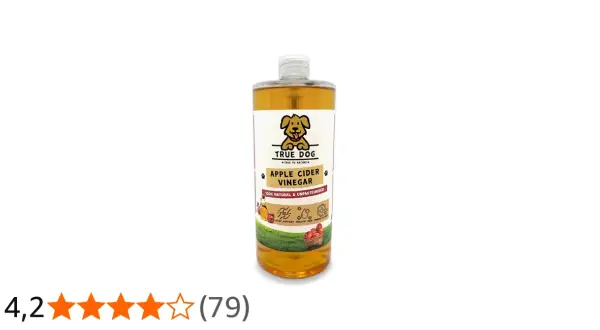 Butelka z płynem "Apple Cider Vinegar" marki True Dog. To naturalny ocet jabłkowy dla psa, wspierający stawy, skórę i odporność.