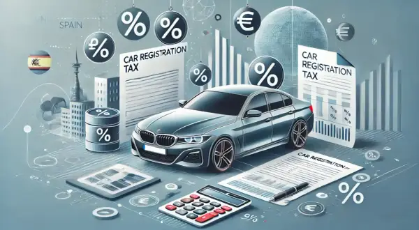 Coche gris, calculadora, documentos de "impuesto matriculacion coche" y gráficos financieros.