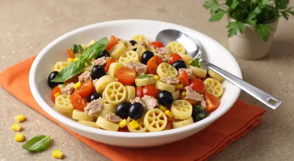 Un piatto invitante di pasta fredda saporita con tonno, pomodorini, olive nere e mais. Fresca e colorata, perfetta per l'estate.