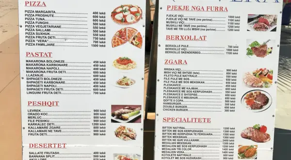 Menu restauracji VERA w Albanii: pizza, makarony, ryby, mięsa i desery. Pyszne albania jedzenie!