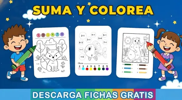 Niños felices con crayones, listos para descargar sumas para imprimir y colorear divertidos animales.