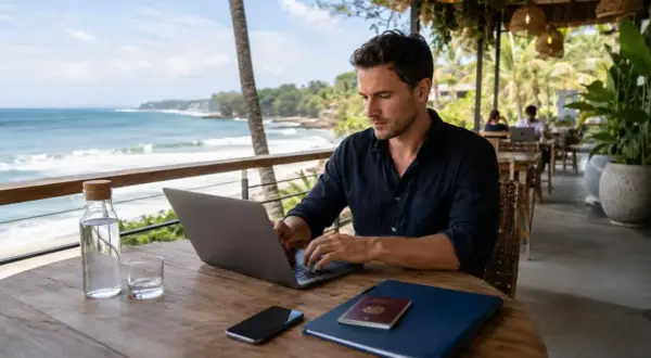 Mężczyzna pracuje na laptopie z widokiem na ocean. Obok paszport, telefon i butelka wody. Marzenie o pracy zdalnej na Bali, wiza w zasięgu ręki.