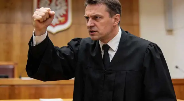 Sędzia z zaciętą miną podnosi pięść, symbolizując walkę o sprawiedliwość w sprawie skarga pauliańska.