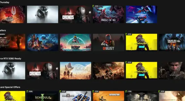 Przeglądaj GeForce Now lista gier: od nowości, przez bestsellery, po promocje. Zobacz tytuły takie jak Cyberpunk 2077, Baldur's Gate 3 i wiele innych.