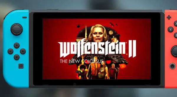 Nintendo Switch z okładką Wolfenstein II: The New Colossus. Ta gra to kolejny rozdział w chronologii Wolfenstein, pełen akcji i walki.