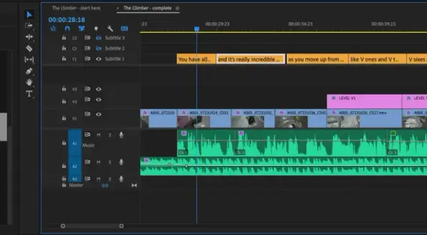 Premiere Pro auto captions are being edited. The "Captions" tab shows transcribed text and timeline markers for "The Climber" video.