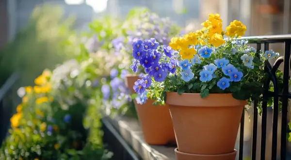 Des pots de fleurs de printemps débordent de pensées bleues, violettes et jaunes sur un balcon ensoleillé.