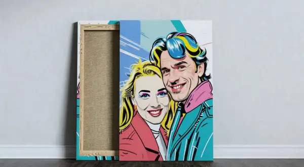 Kolorowe portrety w stylu pop art przedstawiają uśmiechniętą parę.