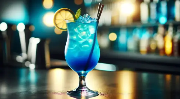 Niebieski drink nazwa, orzeźwiający koktajl z lodem, plasterkiem cytryny i miętą, na tle rozmytego baru.