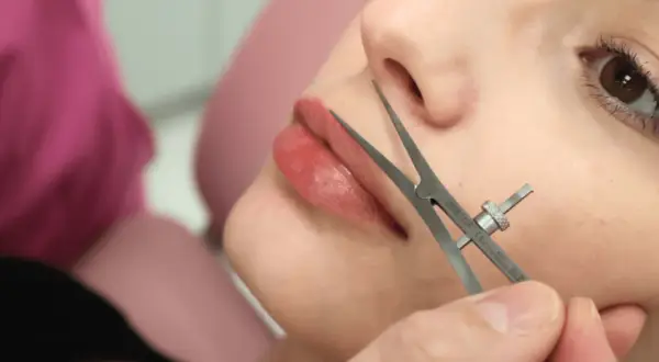 Precyzyjne pomiary przed zabiegiem lip lift. Dłoń chirurga z narzędziem przy ustach pacjentki.