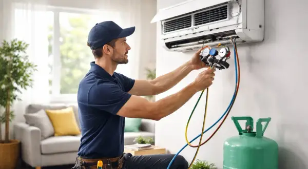 Technicien vérifiant la pression d'un climatiseur, une question fréquente quand recharger clim maison. Un manomètre est connecté à l'unité.