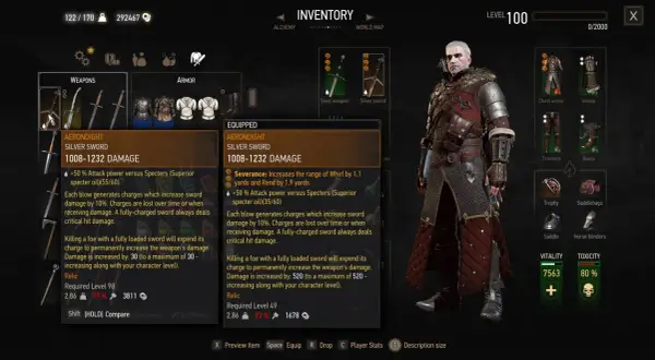 Geralt w ekwipunku Wiedźmin 3, z Aerondightem, srebrnym mieczem, który jest kluczem do ścieżki przeznaczenia.