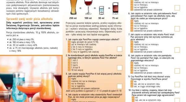 Test sprawdzający wzór picia alkoholu, z pytaniami o częstotliwość spożywania i konsekwencje.