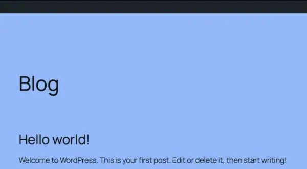 Pantalla de WordPress con título "Test", post "Blog" y "Hello world!". Ideal para empezar a crear plugin WordPress.